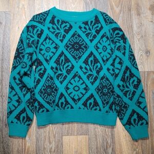 Vintage Essex Junction Womens Medium Sweater Crewneck Teal Black Diamond Floral